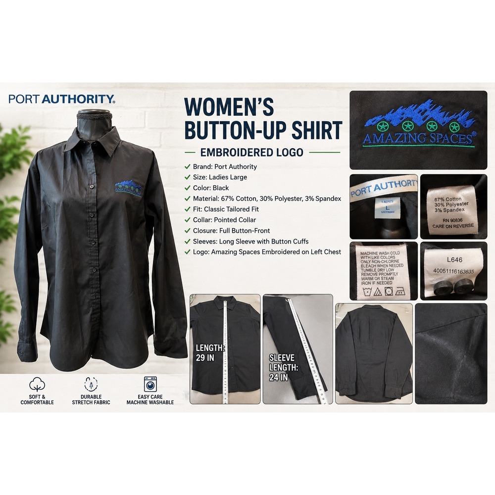 Port Authority Womens Black Button Up Shirt L646 Amazing Spaces Embroidered Logo